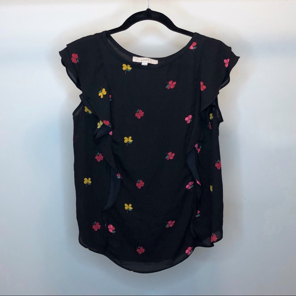 LOFT Black Floral Ruffle Short Sleeve Blouse